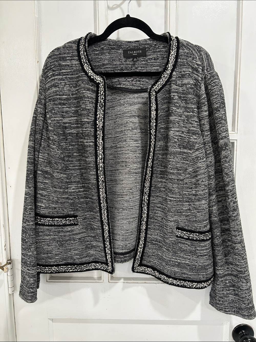 Talbots Woman Black Gray Tweed-Style Knit Open Front Jacket Blazer - 2X
